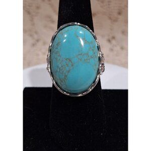 EUC Vintage Silver-tone Stainless Steel & Turquoise Oval Ring Size 8